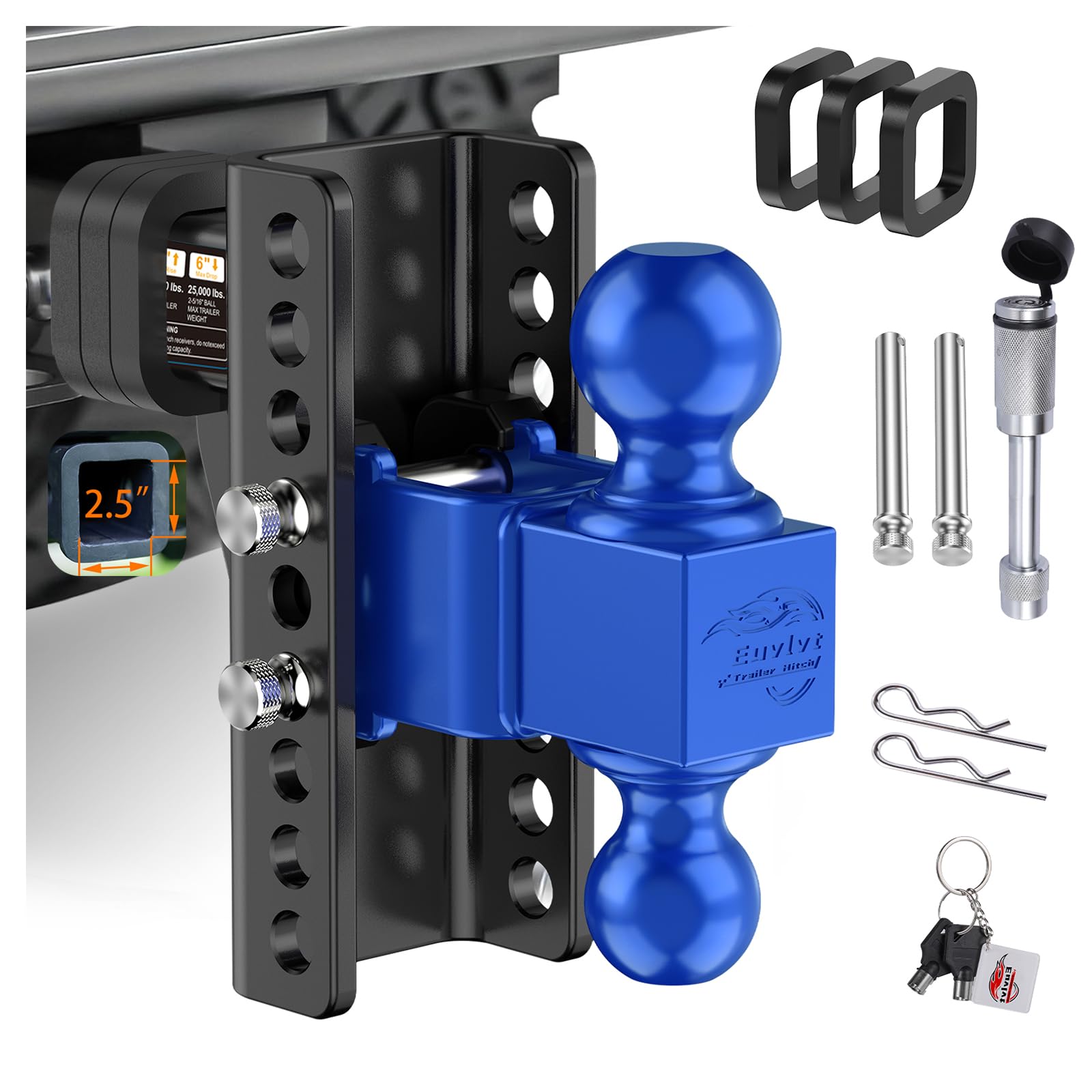 Photo 1 of Euvlvt Adjustable Trailer Hitch -Drop Hitch (Fits 2.5-Inch Receiver) -6" Drop/Rise Tow Hitch, 2" & 2-5/16" Ball Hitches for Trucks -25,000 GTW Hitch Ball Mount with Anti-Theft Locking Hitch Pins