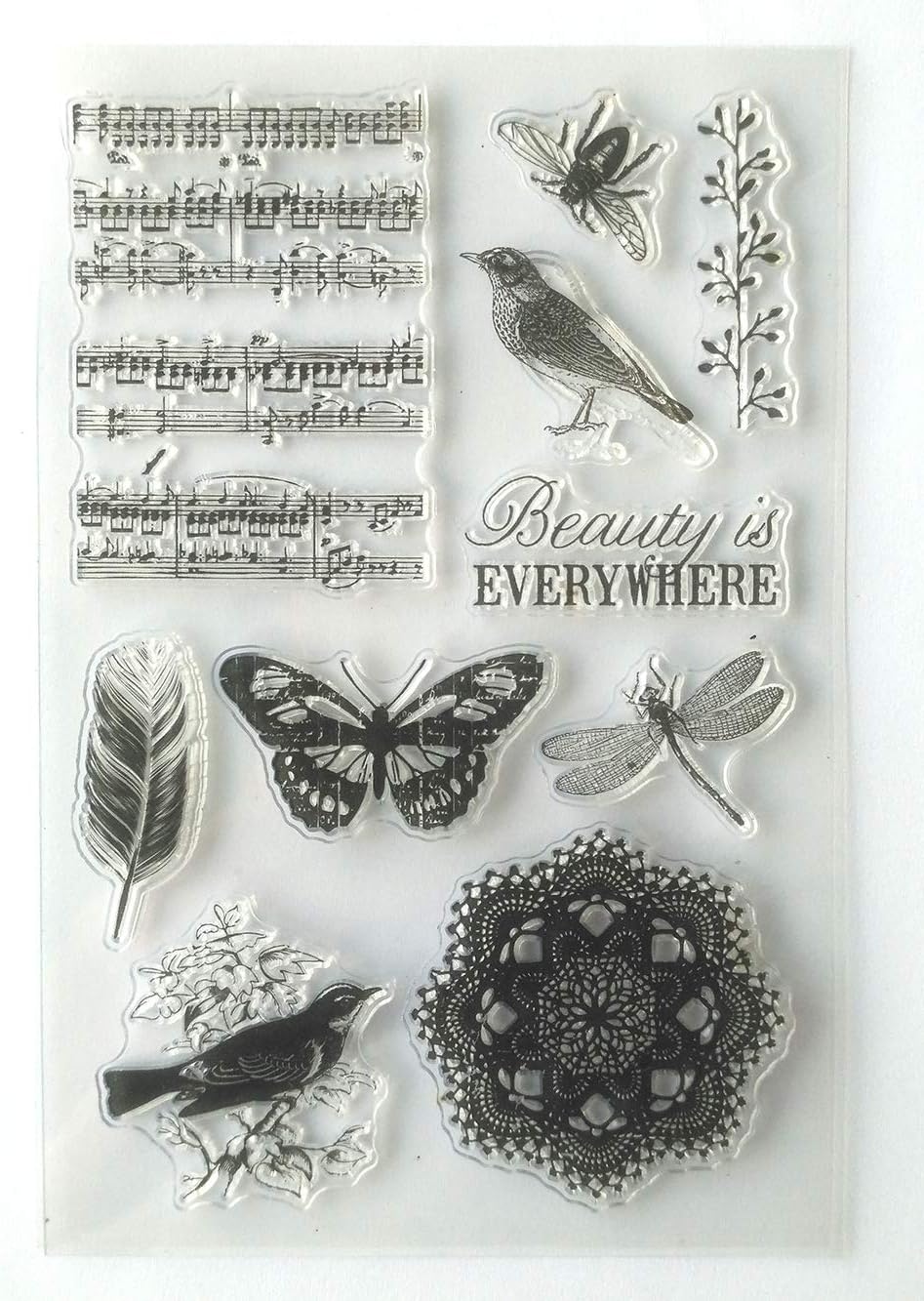 MaGuo Vintage Clear Stamps Music Note Insect Feather Birds Butterflies Dragonfly for Paper Craft Card Making Decoration and DIY Scrapbooking