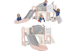 Virubi 9 in 1 Toddler Slide Playset, Climbing Toys Indoor Outdoor for Toddlers 1-3, Kid Slide with Ring Toss, Basketball Hoop & Telescope, Kid Playground with Sturdy Structure