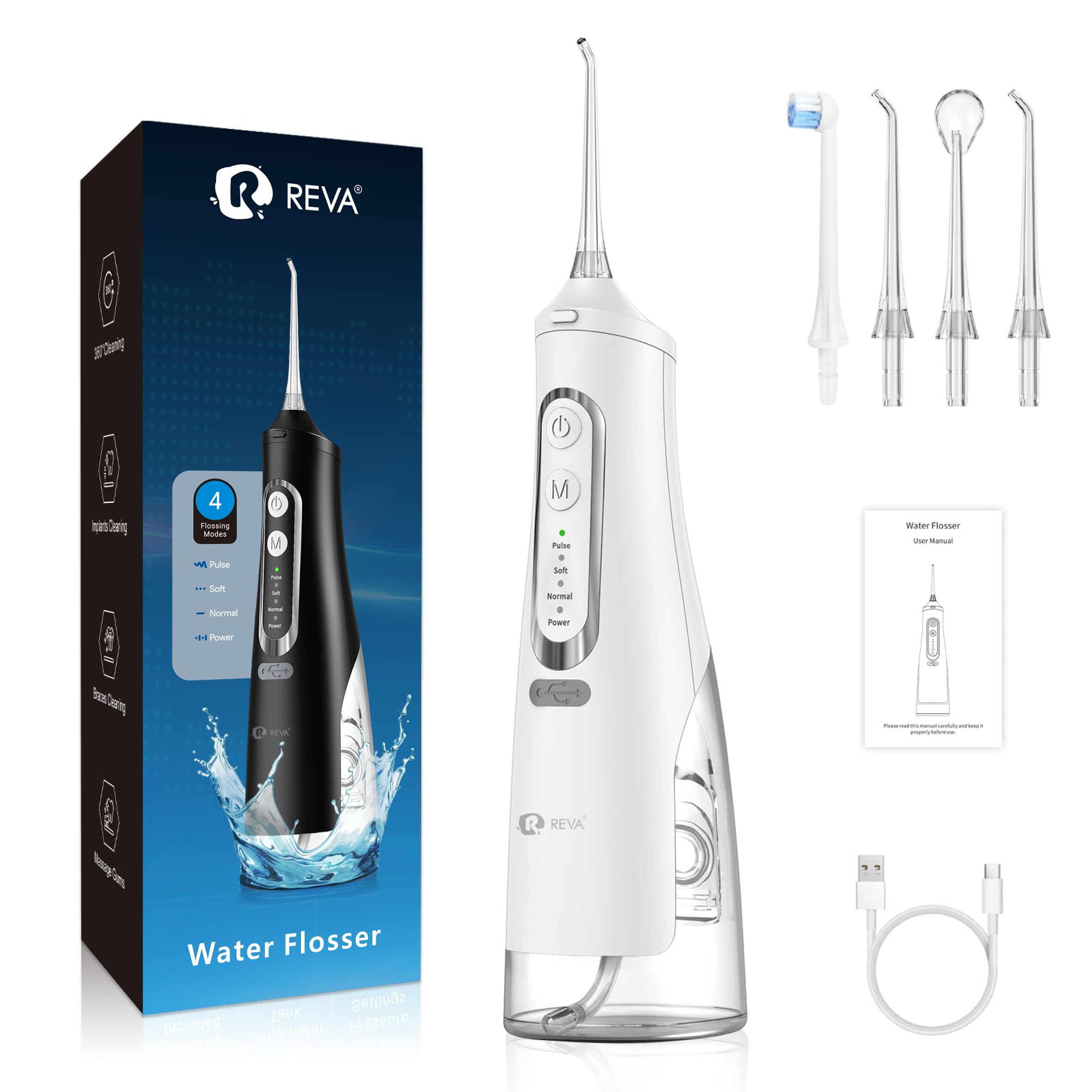 Photo 1 of R REVA Cordless Dental Water Flosser for Teeth, Gums & Braces - Electric Oral Irrigator 310ML, 4 Modes, Rechargeable, 4 Jet Tips, Smart Memory, 360° Nozzle, IPX7 Waterproof & Low Noise (M209 - White)