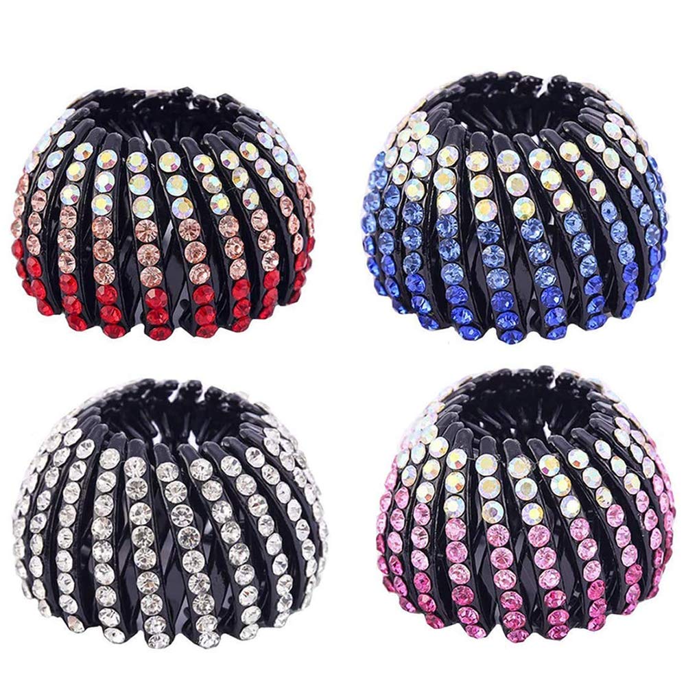 4Pack Ponytail Holder Hair Accessory Women Girls Hair Expandable Rhinestone Bird Nest Hair Clip for Toddler Thick Hair 4 PCS