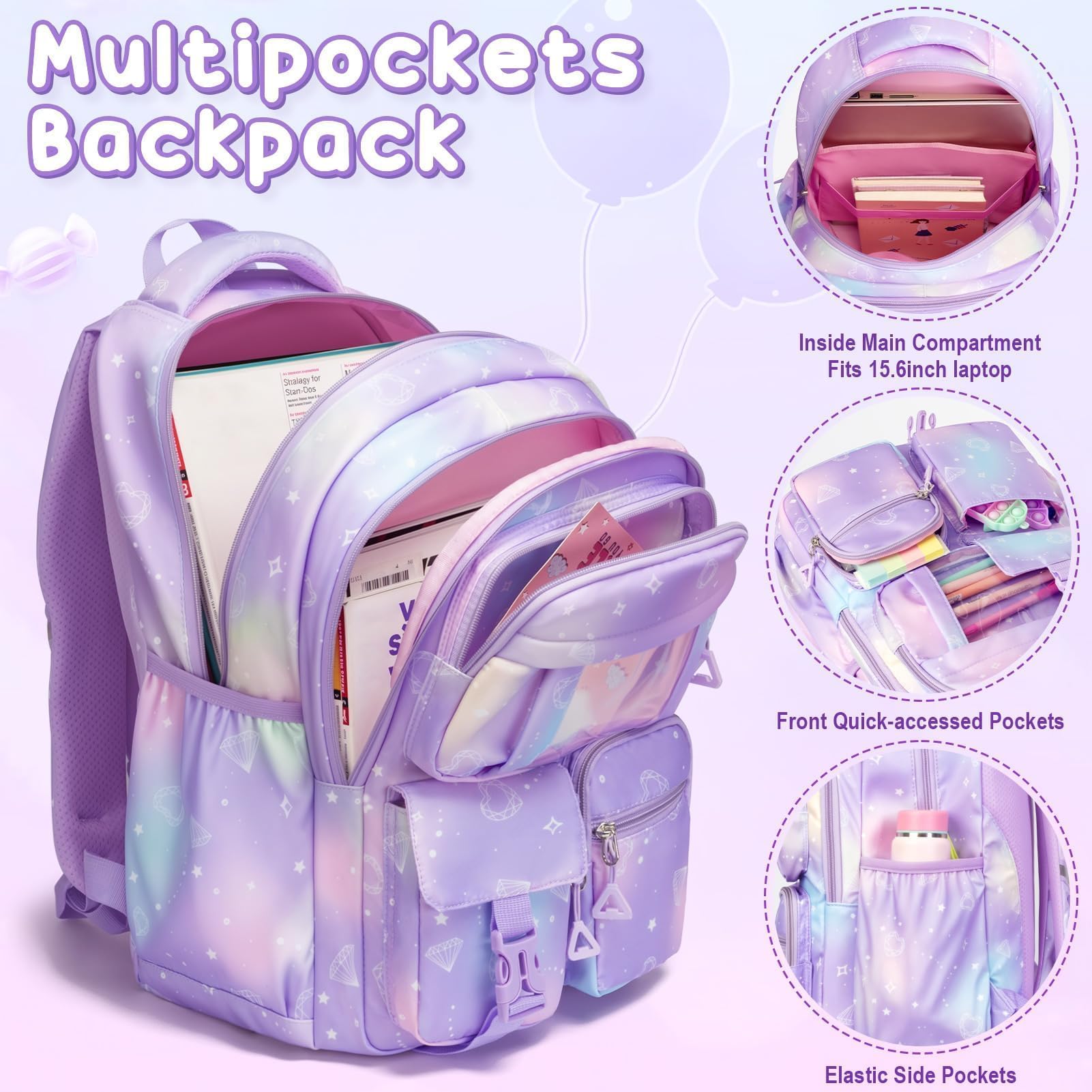 Fimibuke Kids Backpack for School Girls, 3Pcs Waterproof Girls Backpack with Lunch Box & Pencil Pouch - Lightweight Bookbag for Elementary Middle School Student Teens Ages 6+ Purple
