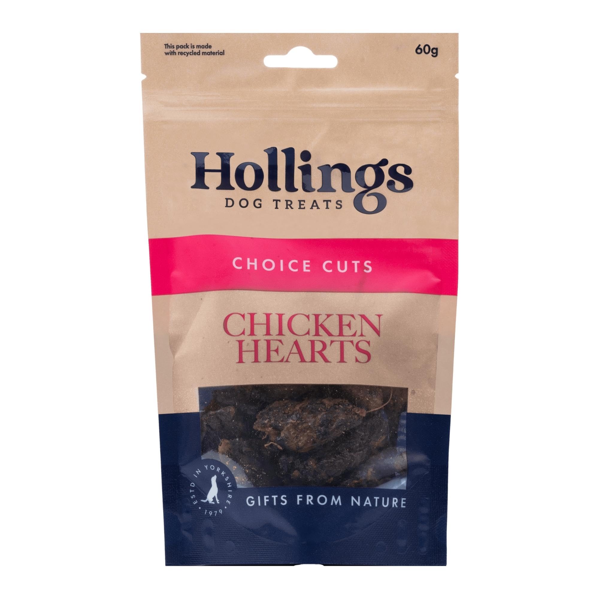 Hollings Chicken Hearts Dog Treats, 100% Natural Air Dried Treats for Adult Dogs, Grain Free & High in Protein (60g)