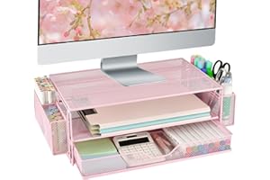 AUPSEN Computer Monitor Stands Riser，2-Tier Desk Organizers and Accessories, Office Desk Accessories Organizer with Drawers and 2 Pen Holder for Office Supplies (Pink)