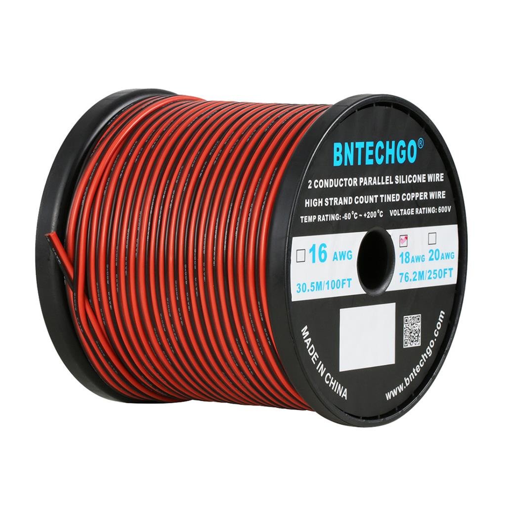 BNTECHGO 18 Gauge Flexible 2 Conductor Parallel Silicone Wire Spool Red Black High Resistant 200 deg C 600V for Single Color LED Strip Extension Cable Cord,Model,250ft Stranded Tinned Copper Wire