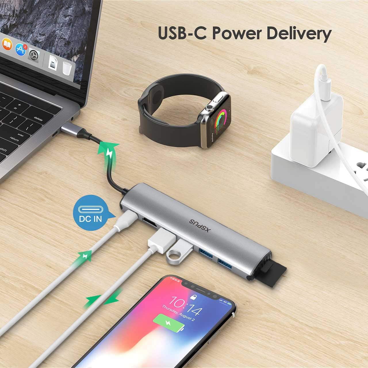 USB C Hub MacBook Pro Adapter - 8 in 1 Portable Aluminum USB C Dongle with USB C Charging, USB C to HDMI, 4 USB 3.0 Ports, SD/TF Card Reader, Compatible for MacBook Pro and More Type C Devices: Computers & Accessories