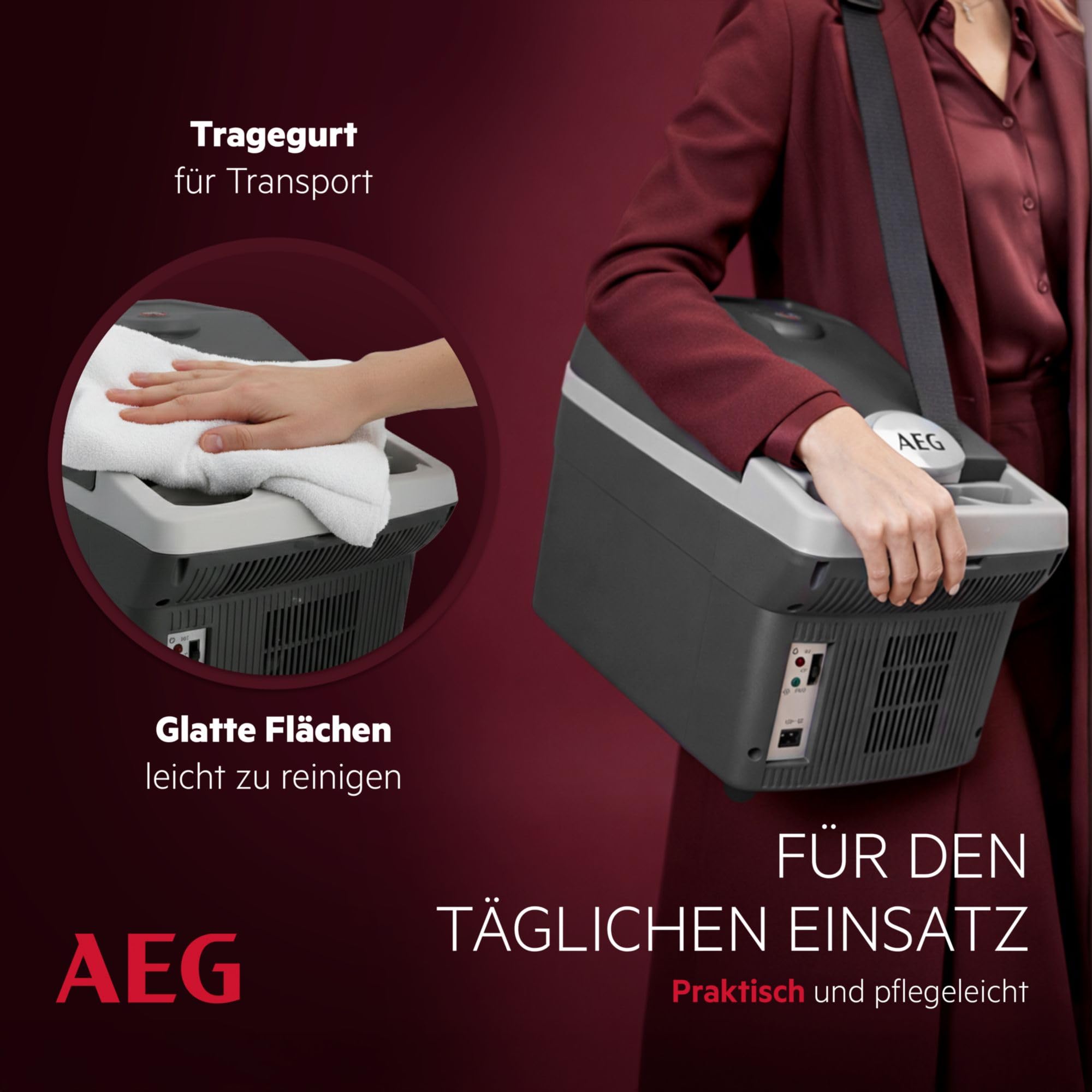 AEG Automotive Board-Bar BK 16 Thermoelektrische Kühl- und Warmhaltebox 16 Liter, 12 Volt für Auto und Steckdose, anschnallbar im PKW, Schwarz,hellgrau 7