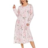 YOZLY Long Sleeve Nightgowns for Women Cotton Night Gowns Lace Sleepwear with Pockets S-XXL