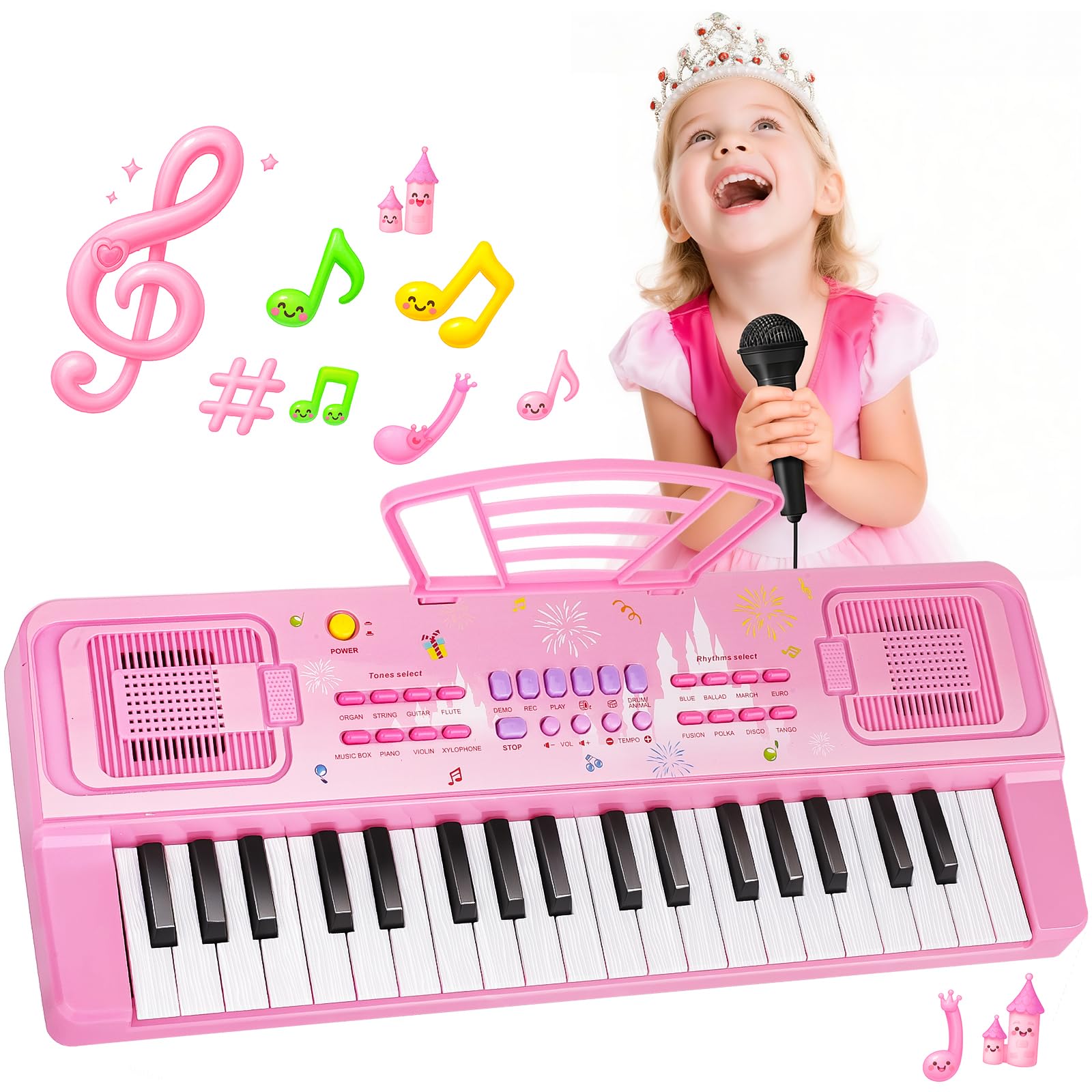 Kids Piano Keyboard, 37 Keys Portable Electronic Keyboard Piano with Music Book Bracket for Kids Toddlers Musical Instrument Toys Birthday Gifts for 3 4 5 6 7 8 9 Year Old Boys and Girls (pink)