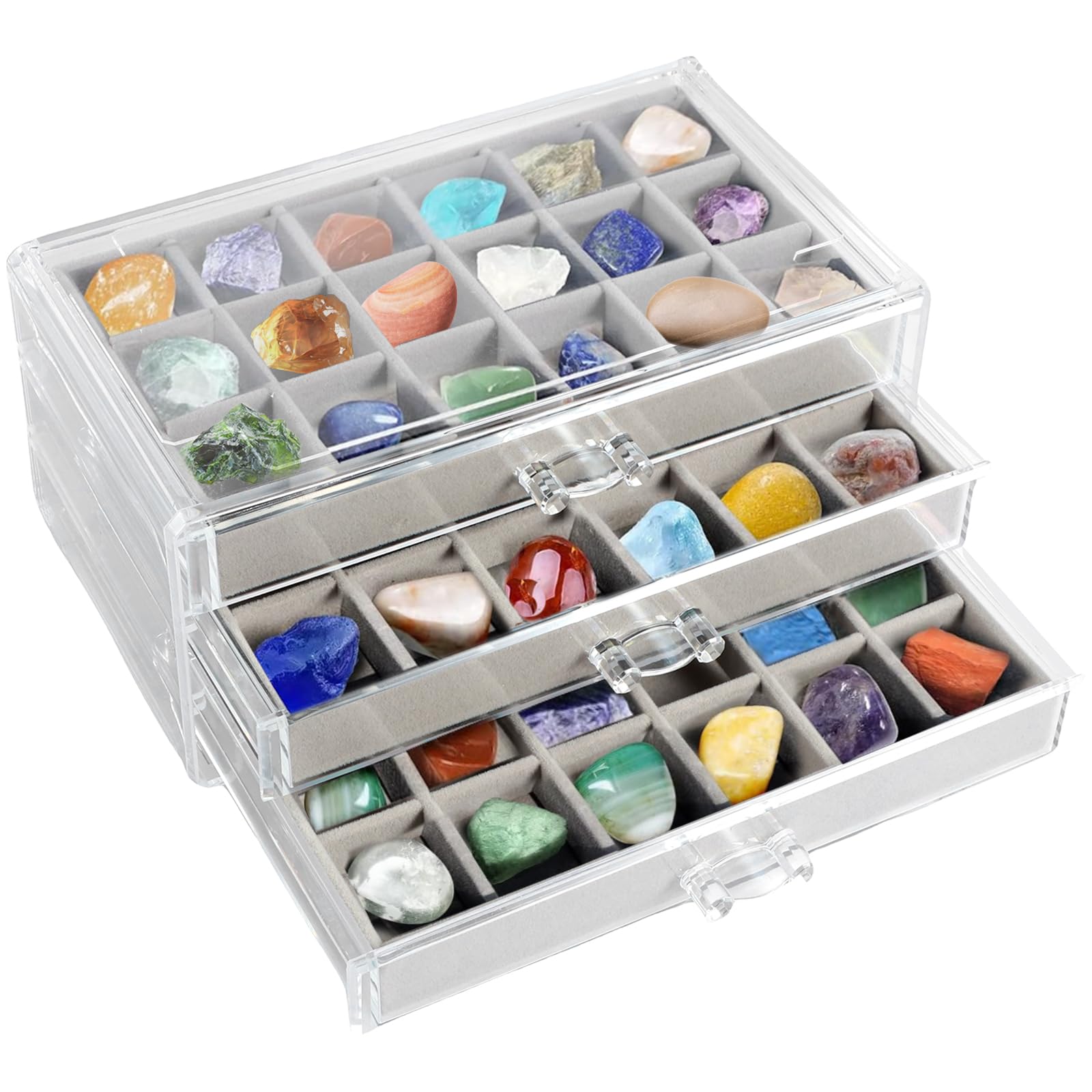 Rock Display Case With 3 Drawers - 54 Grids Collection Box for Clear Crystals, Gemstones, and Kids' Rocks