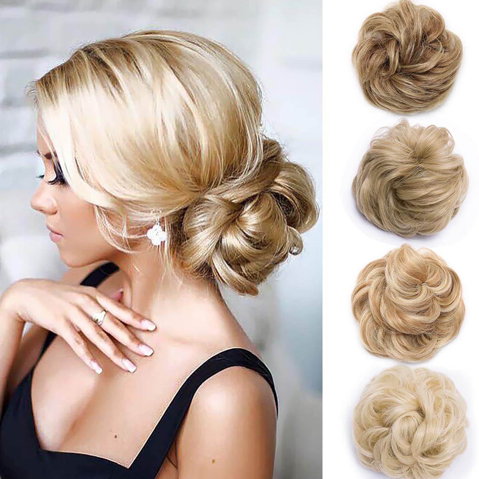 Silk-co Scrunchy Scrunchie Curly Hairpieces Messy Hair Bun Chignons Wavy Donut Updo Synthetic Hair Extensions 35g Light Brown & Blond