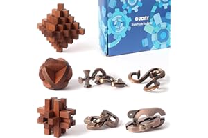 CUDNY 7 Pieces Unlock Interlock Brain Teaser Games Retro Wooden and Metal Puzzles IQ Logic Fun Puzzle Box