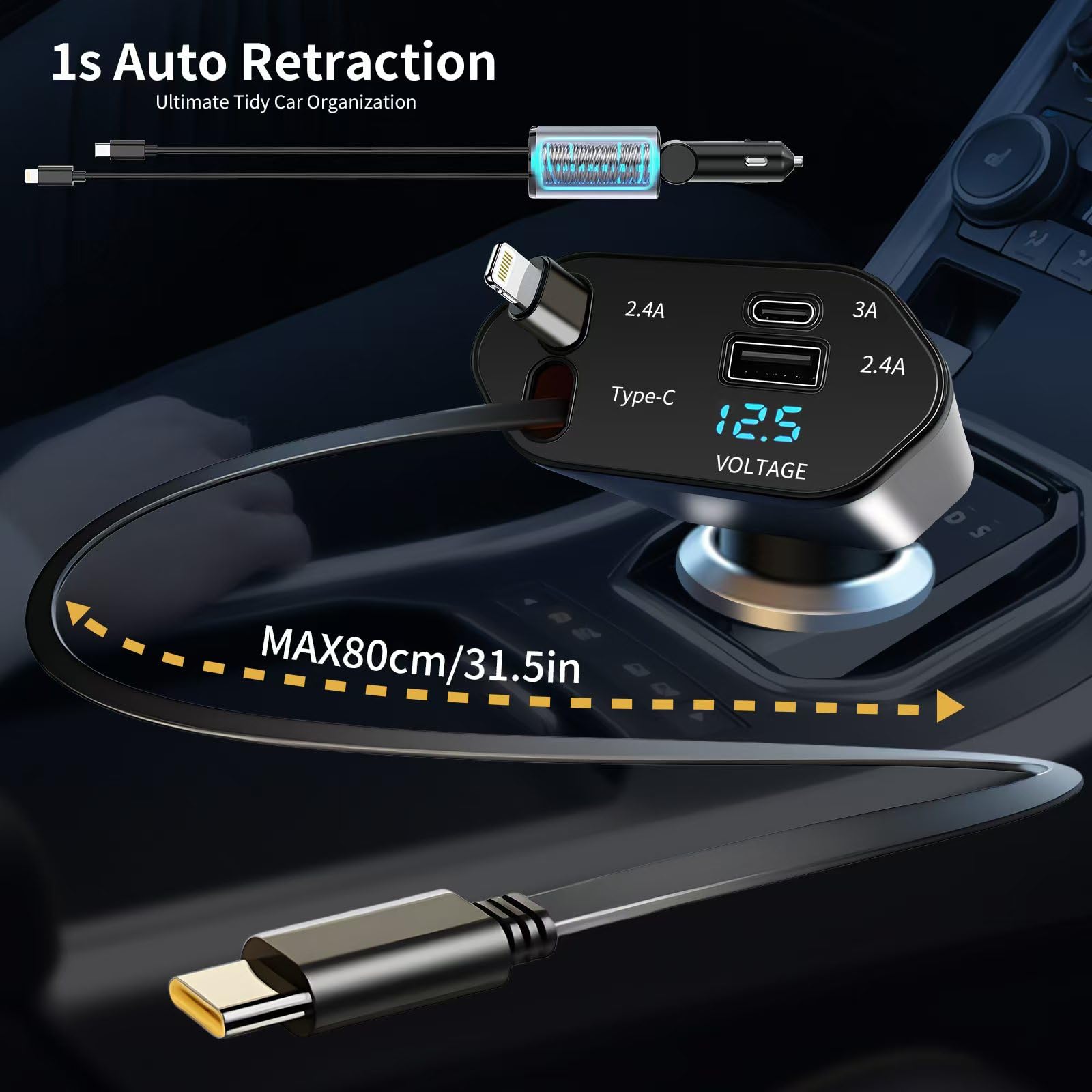 YAOKEEP 120W Fast Charging Retractable Car Charger 4 in 1. 180°Rotation Car Phone Charger with 31.5