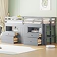 VilroCaz Twin Size Loft Bed with Underneath Cabinet and 4 Drawers, Low Loft Bed Frame with Guardrails for Kids Teens Boys Girls, Sturdy Slats Support, Space Saving Design (Grey-u)