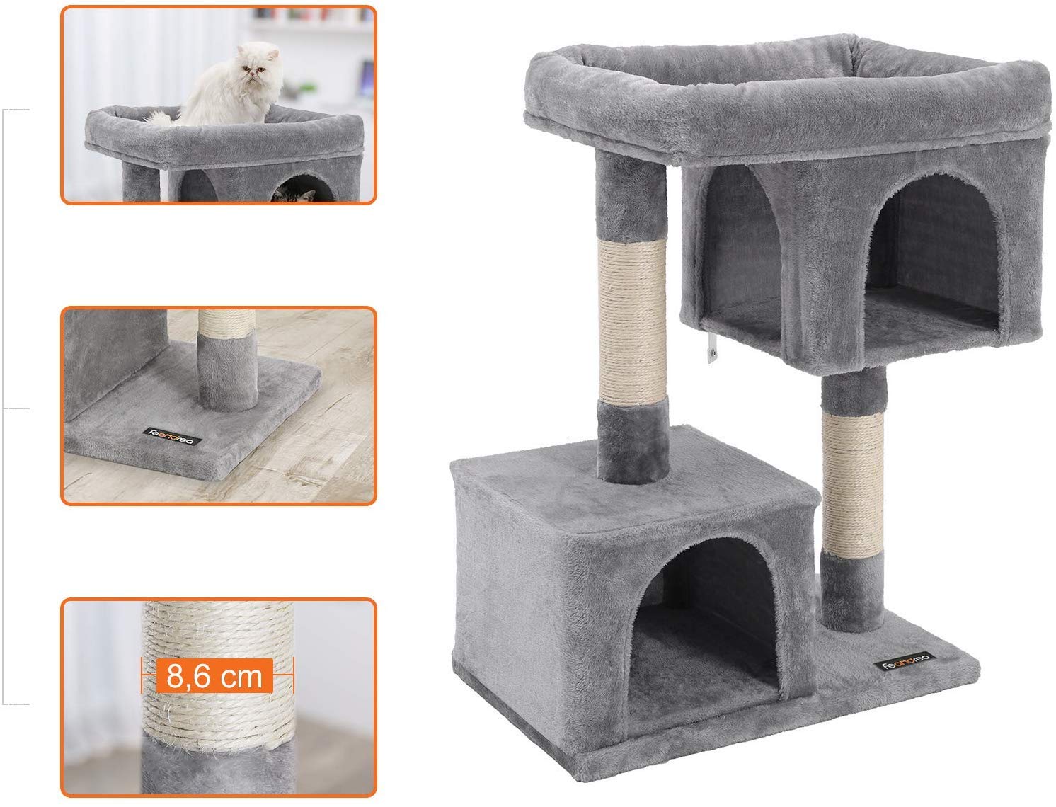 Feandrea Cat Tree Tower, 84 cm, L, for Large Cats up to 7 kg, Large Perch, 2 Caves, Scratching Post, Light Grey PCT61WV2