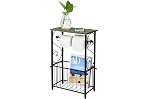 MyGift Scrollwork Black Metal Toilet Paper Roll Holder and Magazine Rack Stand with Gray Solid Wood Display Shelf