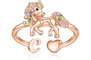 EXQUJEW Unicorn Initial Rings for Teen Girls, Rose Gold/White Gold Plated Heart Initial Rings for Girls Adjustable Stackable Rings for Women Diny Heart Ring for Teen Girls Gifts Unicorns Gifts for Girls