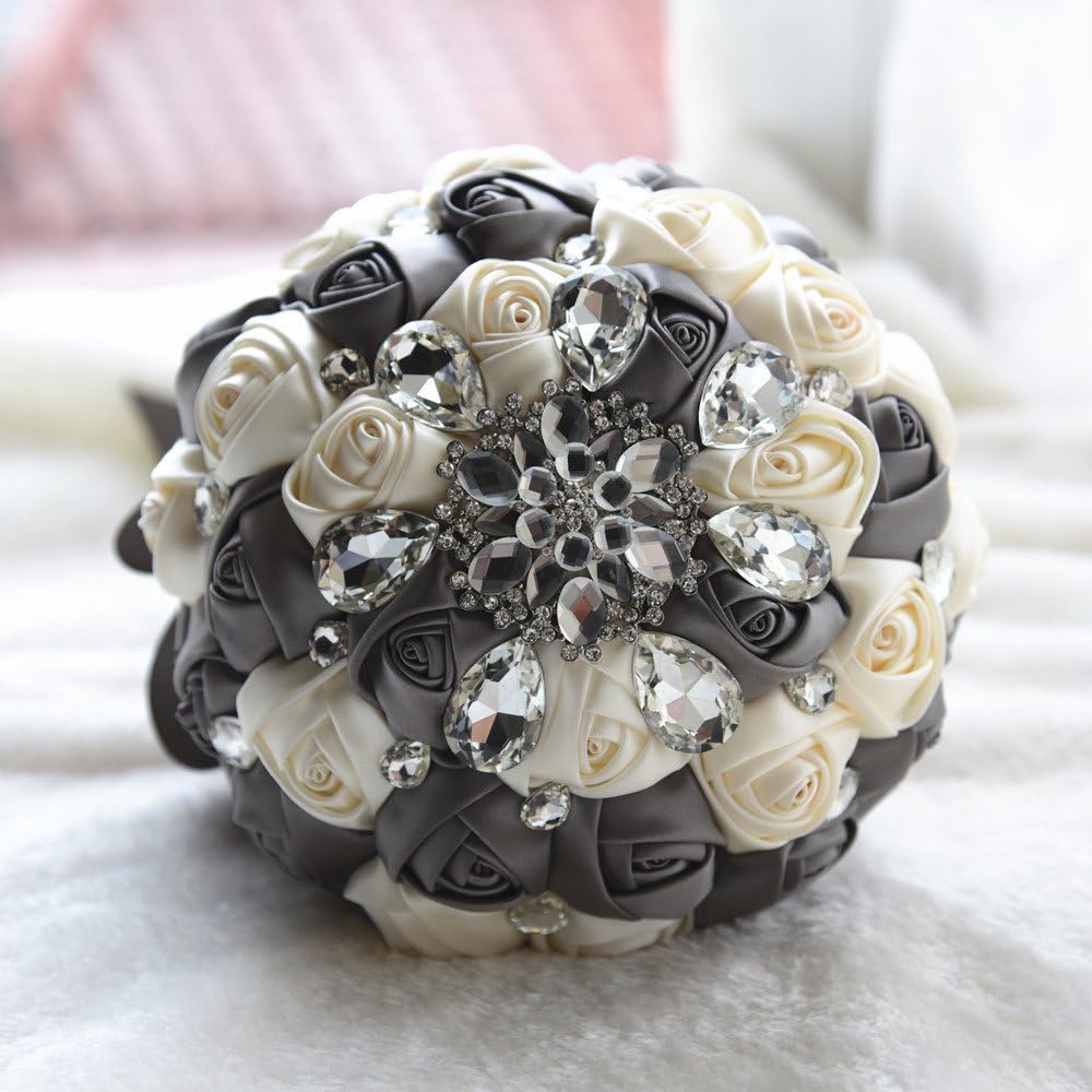 FYSTOREMulti Color Romantic Bride Wedding Holding Bouquet- Peal Diamond Ribbon Wedding Flower-Bridal Bouquet Flowers (Grey)