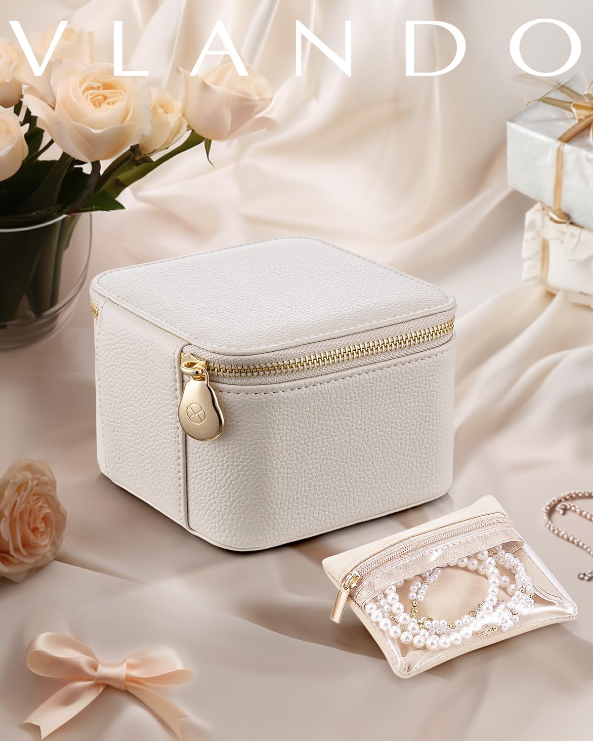Vlando Travel Jewelry Case,Small Jewelry Box Organizer,Travel Jewelry Storage with 6 Velvet Jewelry Zipper Pockets, Birthday Gifts for Women Girls (White)