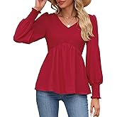 HEYTALALA Womens Long Sleeve Shirts V Neck Peplum Tops Dressy Casual Smocked Babydoll Blouses 2025 Fall Trendy Outfits
