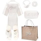 ALHAVONE 6 Pcs Women Bride Robe with Accessories for Bride Bachelorette Party Engagement Honeymoon Bridal Shower Gift