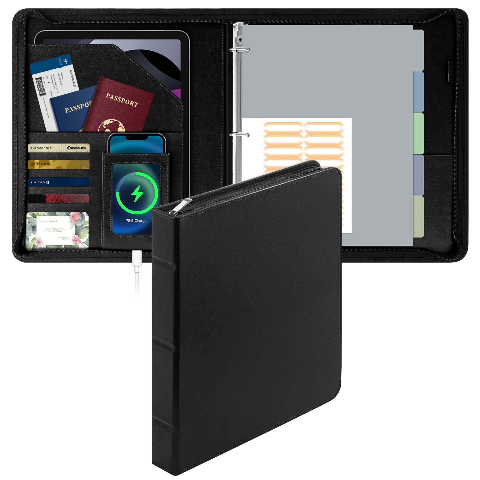 Photo 1 of EYROZILL Zipper Portfolio Binder, 3 Ring Leather Binders 1-Inch Capacity for 8.5x11, with Document Pockets, Card Slots & Phone Holder (Black)