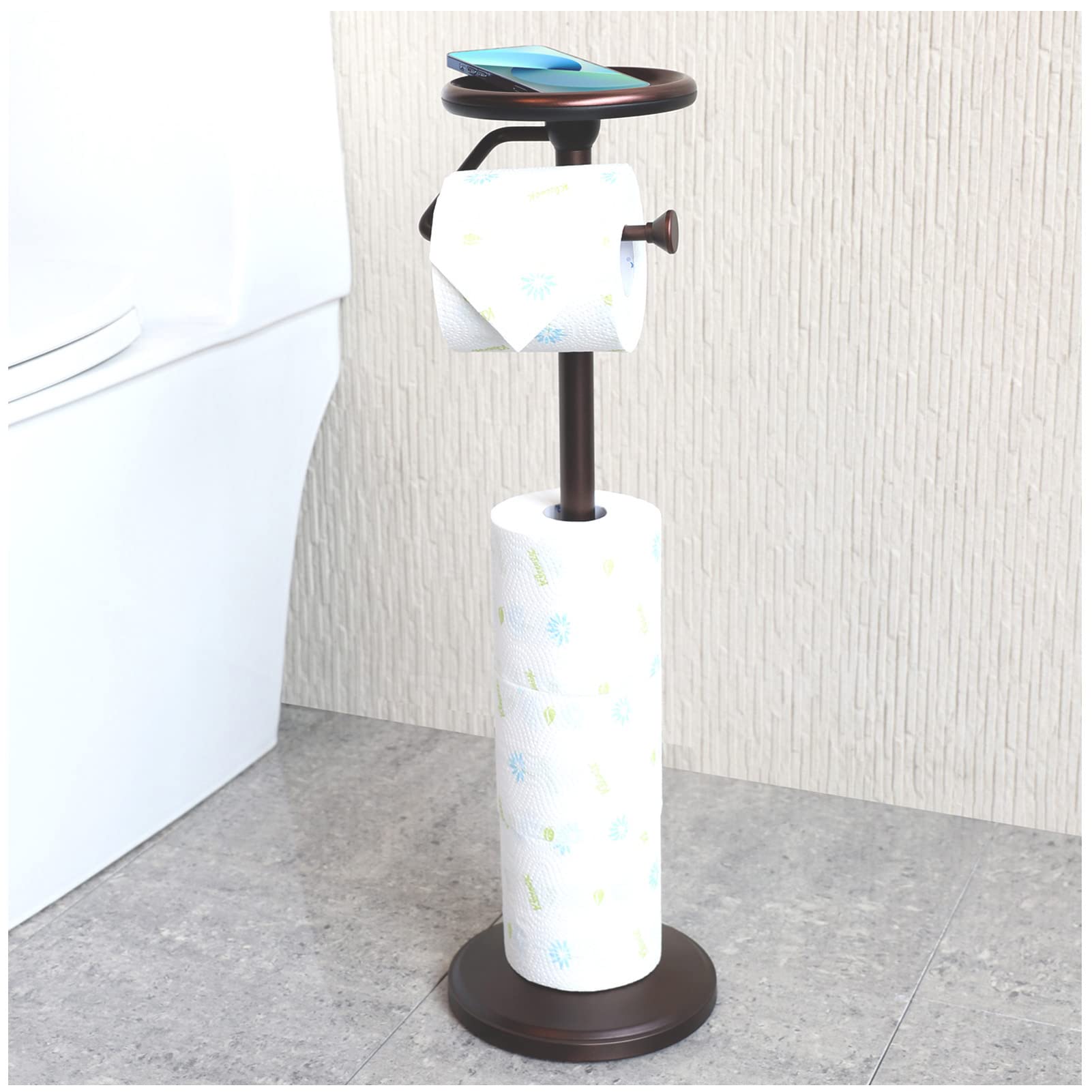zccz Toilet Paper Holder Stand, Free Standing Toilet Paper Roll Holder Tissue Rolls Holder Stand with Reserve, Bathroom TP Dispenser Storage for 5 Mega Rolls, ORB