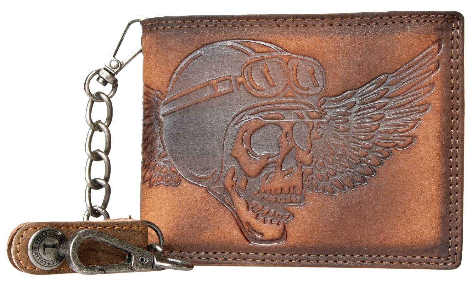 FLW Genuine Leather Biker's Wallet with a Biker's Skull, with 45 cm (18 inches) Long Metal Chain