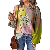 Cute Graphic Sweater for Women Soft Knitted Long Sleeve Casual Fall Tops Crewneck Oversized All Over Print Pullover