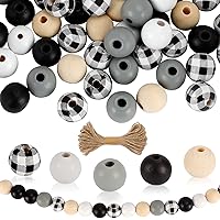 Outuxed 240pcs Black White Spacer Craft Wooden Beads Set Buffalo Plaid Pony Beads with 10.9 Yards Hemp Rope, 16mm…