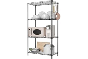 HOMEFORT 4-Shelving Unit, Adjustable Wire Shelving, Metal Wire Shelf with Shelf Liners and Hooks for Kitchen, Closet, Bathroom, Laundry, Black,21" W x 11" D x 43" H