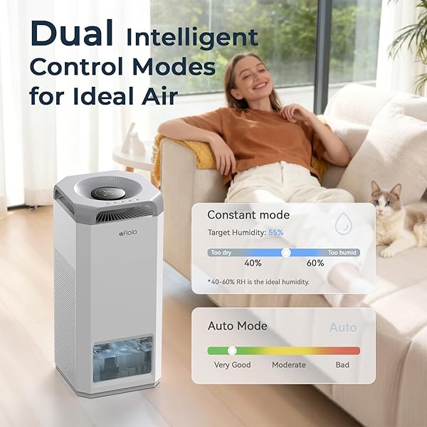AFLOIA HUMIDIFIER FOR BEDROOM LARGE ROOM – MIST FREE EVAPORATIVE 2 IN 1 HUMIDIFIER AND AIR PURIFIER IN ONE COMBO FOR HOME WITH TOP FILL 5L TANK/HUMIDITY&AIR QUALITY SENSOR/2-24H TIMER