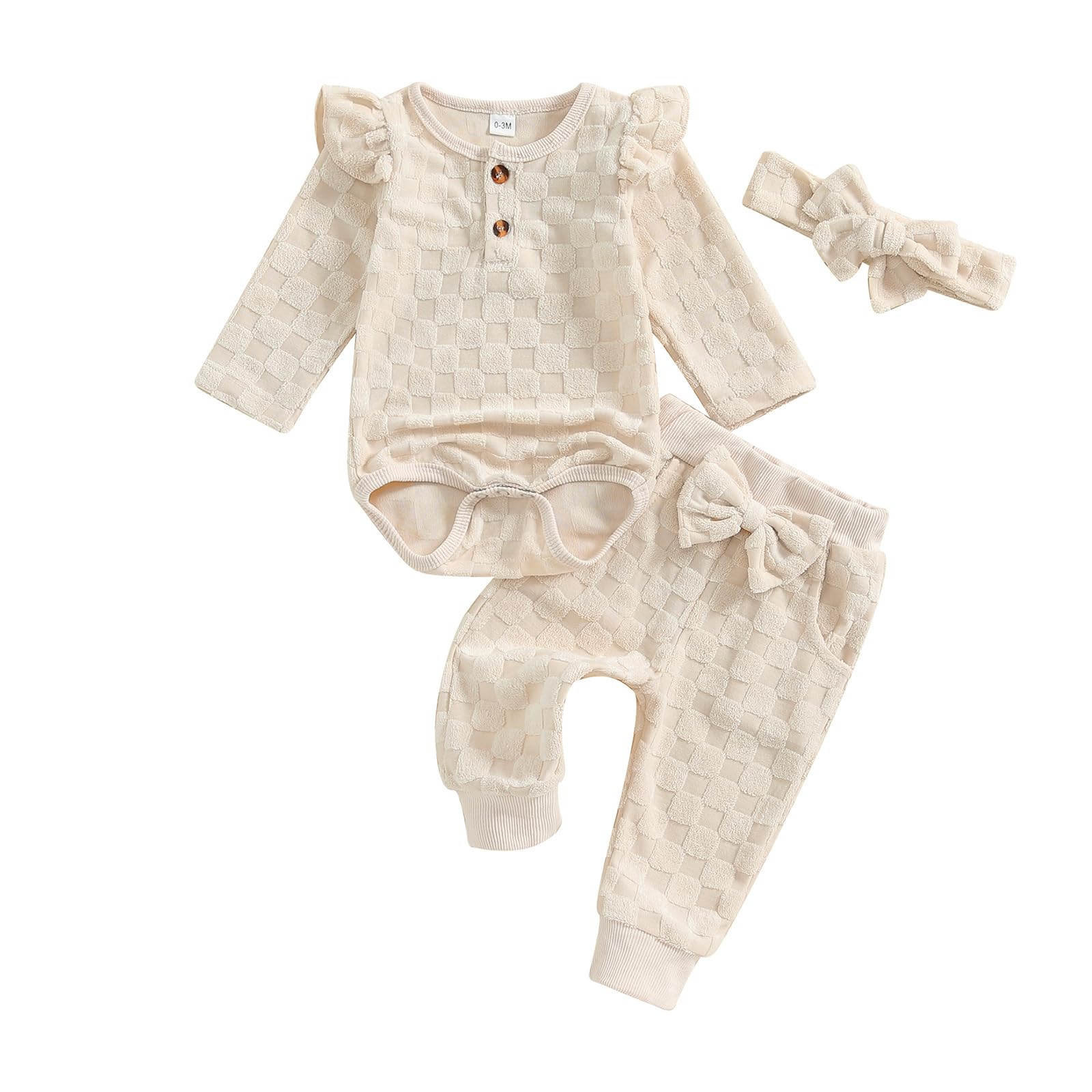 Photo 1 of Kuriozud Baby Girl Fall Winter Clothes Ruffle Long Seeve Romper Top and Bow Pants Set with Headband Newborn Girl Outfit (Fuzzy Beige, 6-12 Months)