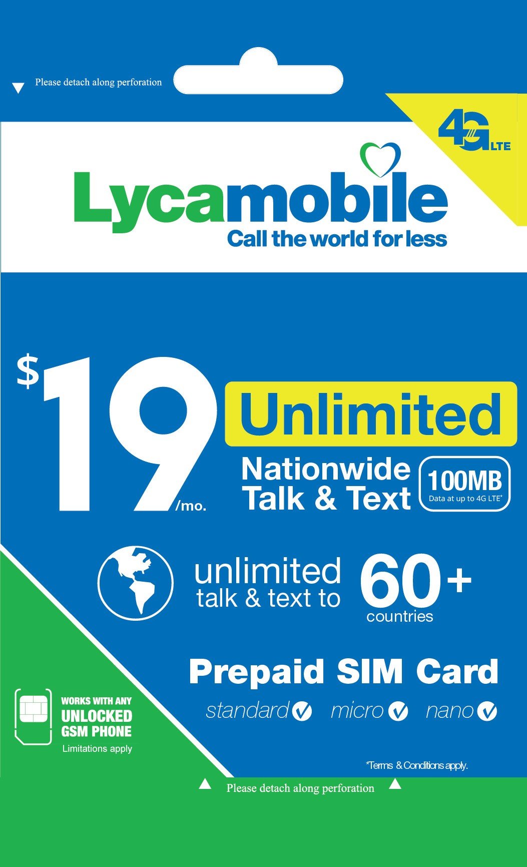 Lycamobile $19 Plan 1st Month Included SIM Card is Triple Cut Unlimited NATL Talk & Text to US Plus 75+ Countries 1GB of 4G LTE