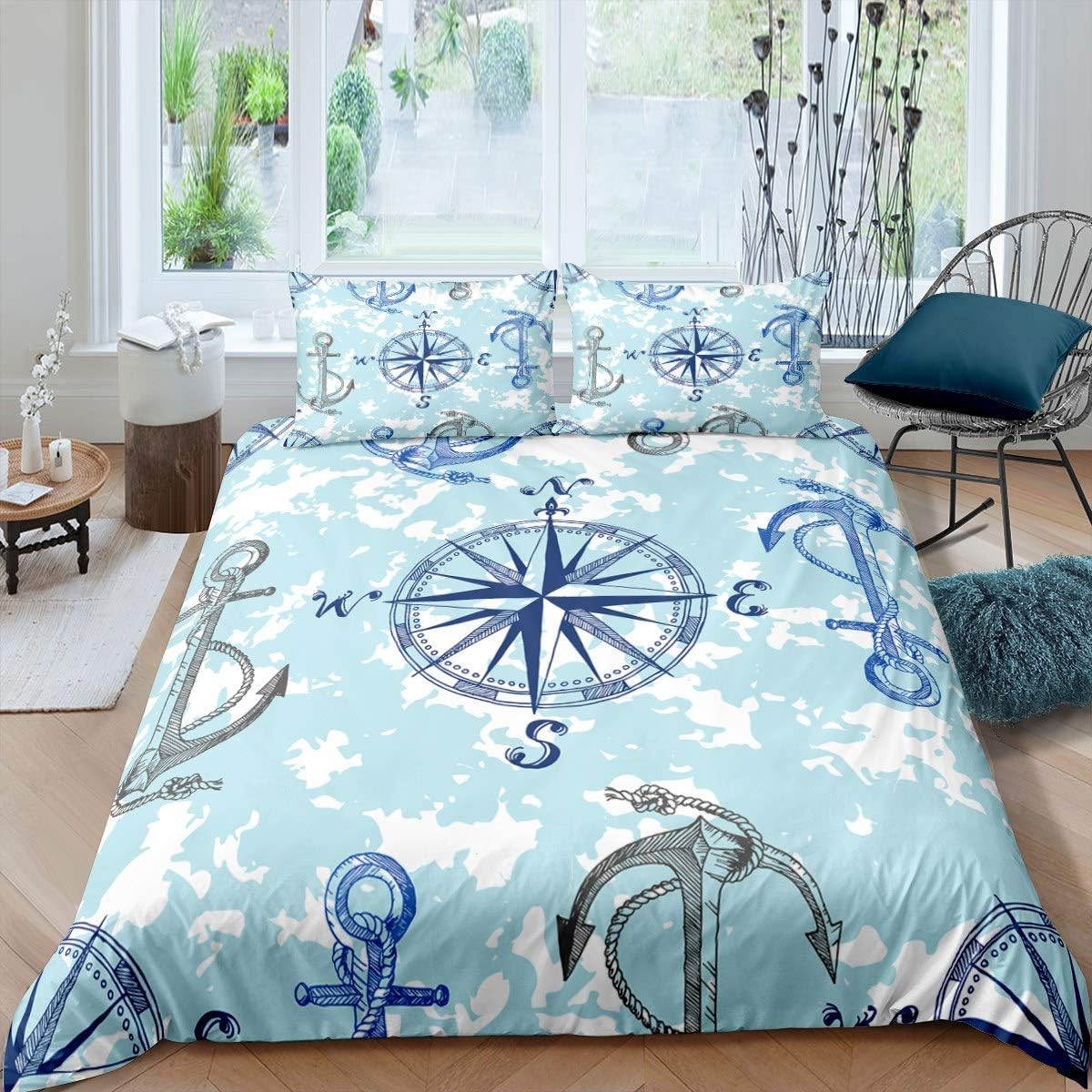 Anchor Decor Duvet Cover Nautical Compass Bedding Set for