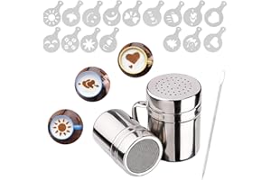 2 Pack Chocolate Shaker Dusters Stainless Steel Mesh Shaker Powder Shaker for Icing Sugar Powder Cocoa Cappuccino with 16 Cof