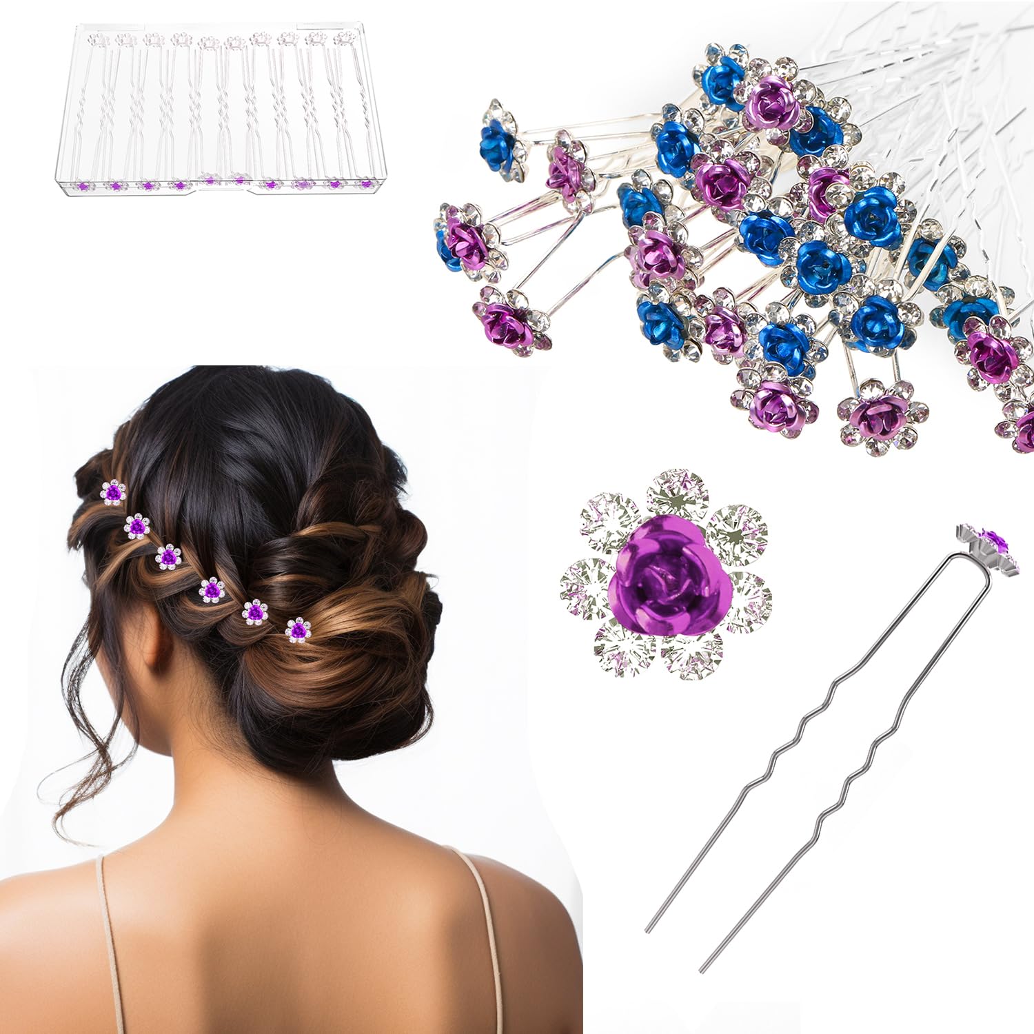 UHOMENY 30pcs Bridal Wedding Hair Pins with Crystal Rose Flower Crystal Diamante Rose Flower Rhinestone Hair Pins Clips for Bridal Wedding Women Hair Accessories (Blue Purple)