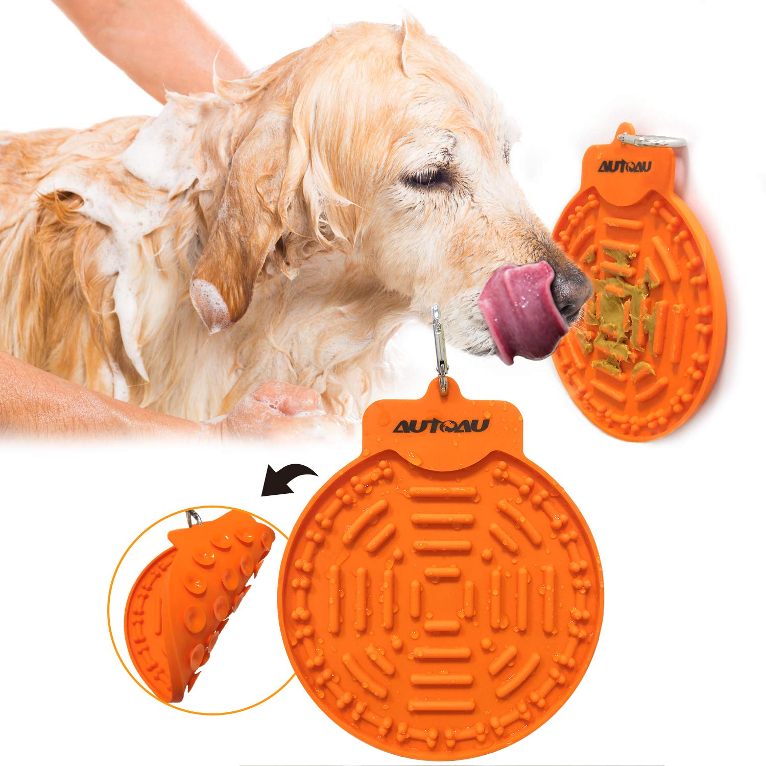 Autoau Dog Bath Lick Mat Powerful Suctions to Wall Dog Bathing Distraction Device Dog Slow Feeder Tray for Easy and Fun Shower Pet Bathing Grooming Training Dog Licking Pad (Orange)