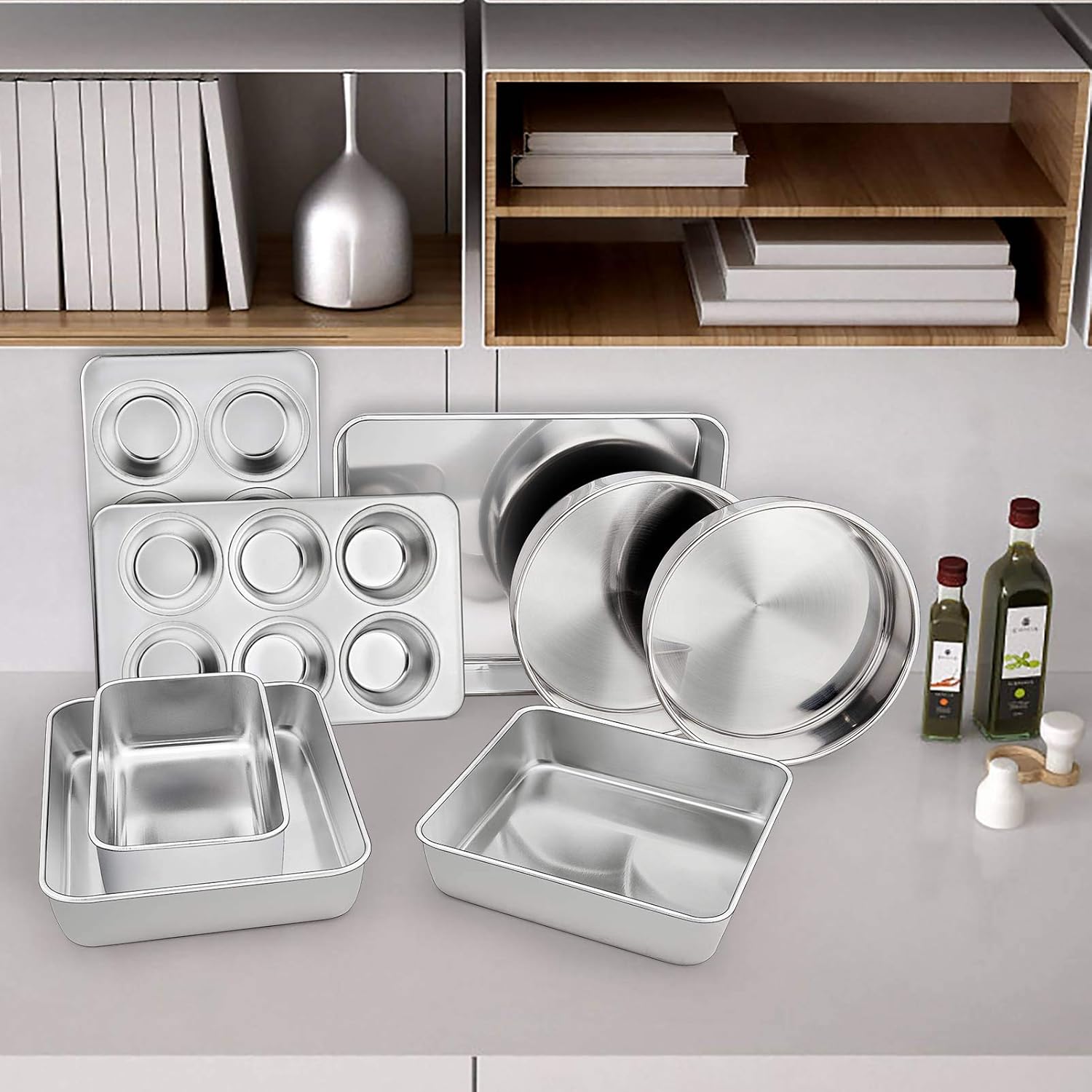 TeamFar Stainless Steel Bakeware Set of 8, Baking Roasting Toaster Oven Pans, Lasagna/Square/Round Cake Pan, Loaf Pan & Muffin Pan, Non-Toxic & Durable, Smooth & Dishwasher Safe: Kitchen & Dining
