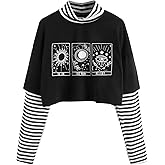 SweatyRocks Women's Color Block Butterfly Print Striped Long Sleeve Crop Top T Shirt