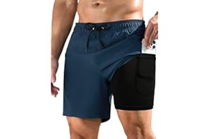 KBVOT Mens Swim Trunks with Compression Liner Bathing Suits 2 Pack Quick Dry Stretch Beach Shorts 7 inch Inseam Swimwear