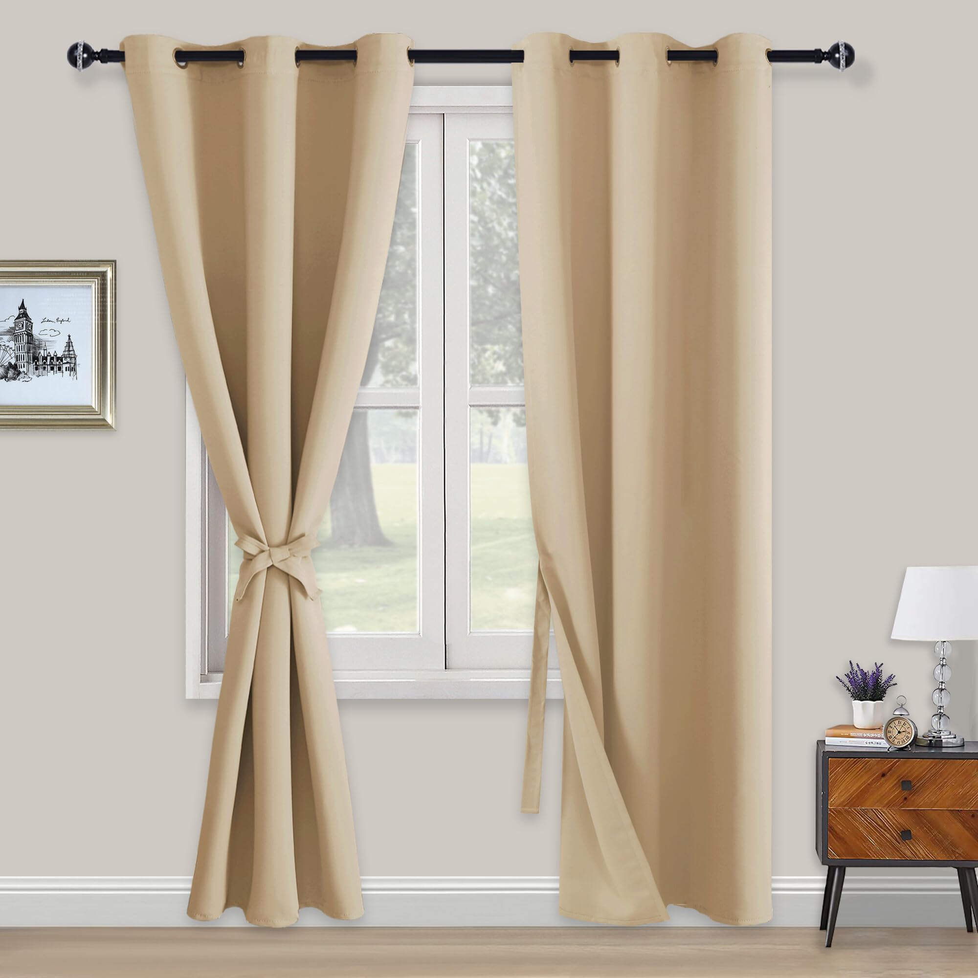 XWZO Blackout Curtains Shades Window Curtain Panels with Tiebacks- Noise Reduction and Thermal Insulated Eyelet Curtains for Bedroom,Living Room,Office,Study Room Beige W46xL90