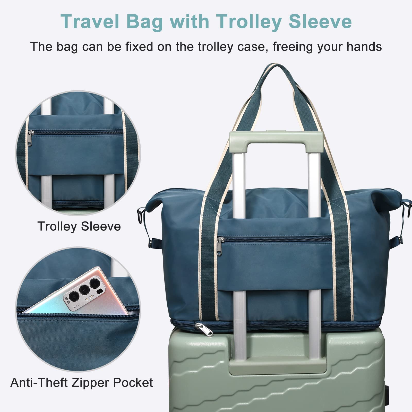 DMLuna Travel Duffel Bag, Tote Sports Gym Bag, Shoulder Overnight Weekender Bag for Women & Men, Hospital bag, Expandable Duffel Bag with Trolley Sleeve/Wet Pocket