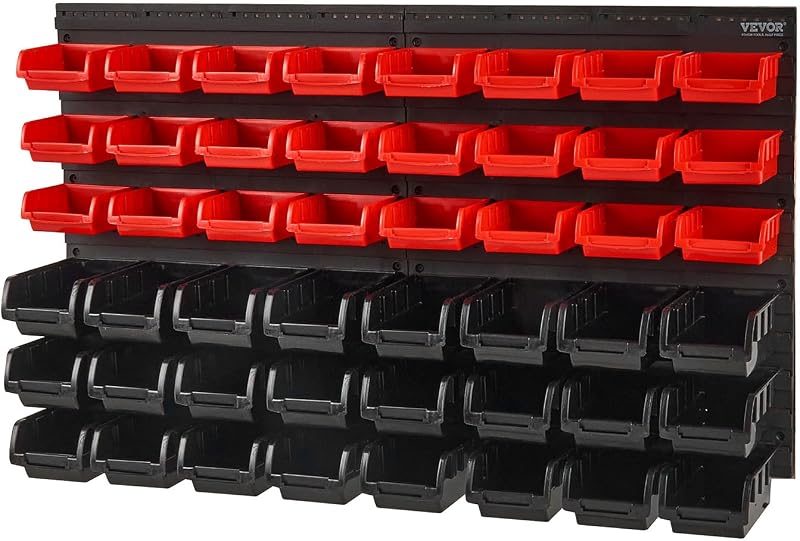 Prateleira de plástico 48 caixas de armazenamento para oficina de garagem com painéis de parede organizador de ferramentas para porcas, parafusos, parafusos, pregos, botões, pequenas peças, preto/vermelho