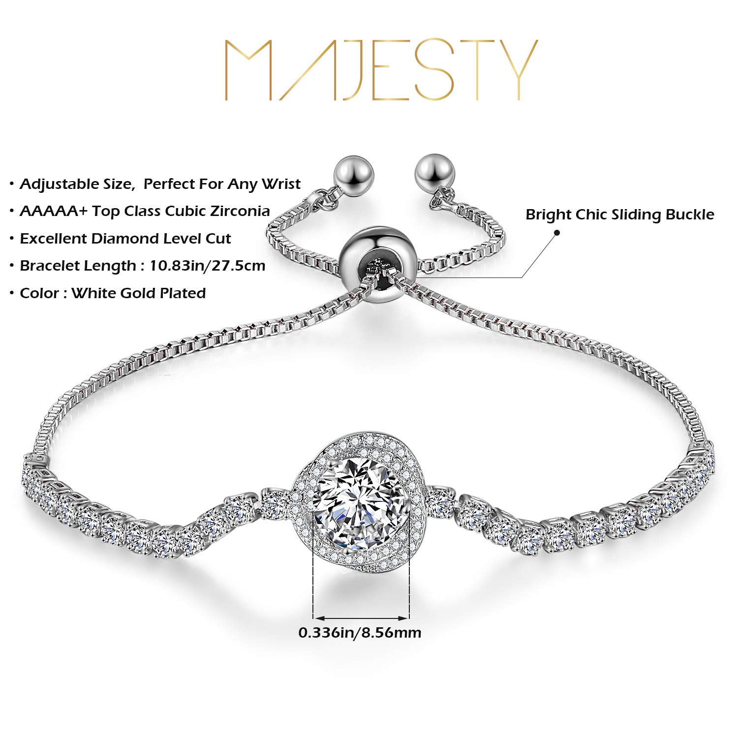 Majesty Tennis Chain Synthetic Diamond Tennis Bracelets for Women Teen Girls Sister Bracelets White Gold Plated Cubic Zirconia Adjustable Bracelets