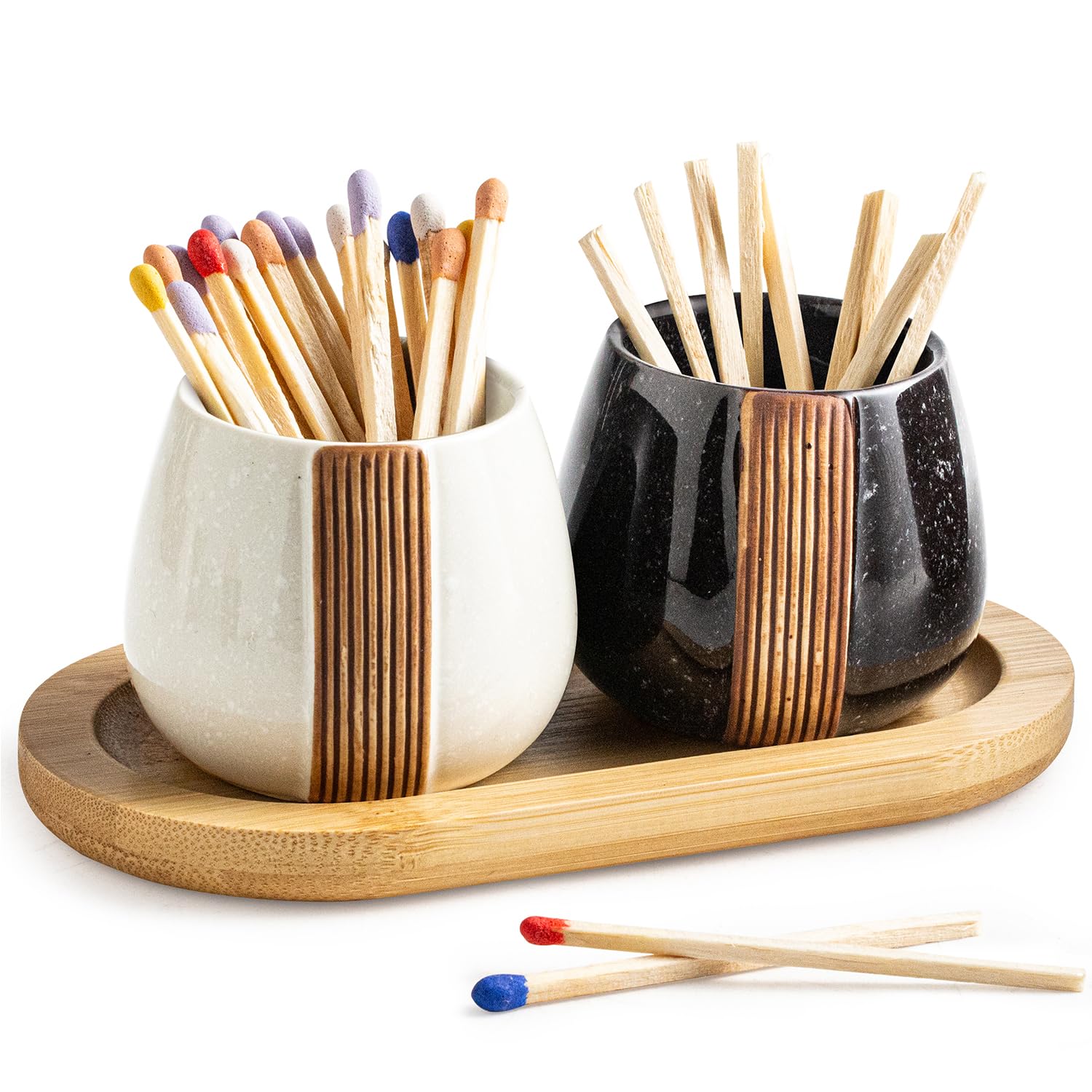 Photo 1 of Ceramic Match Holders with Striker - Matchstick Container Set of 2 with Tray for Bathrooms, Cafes & Modern Homes - Matches NOT Included, Black and White