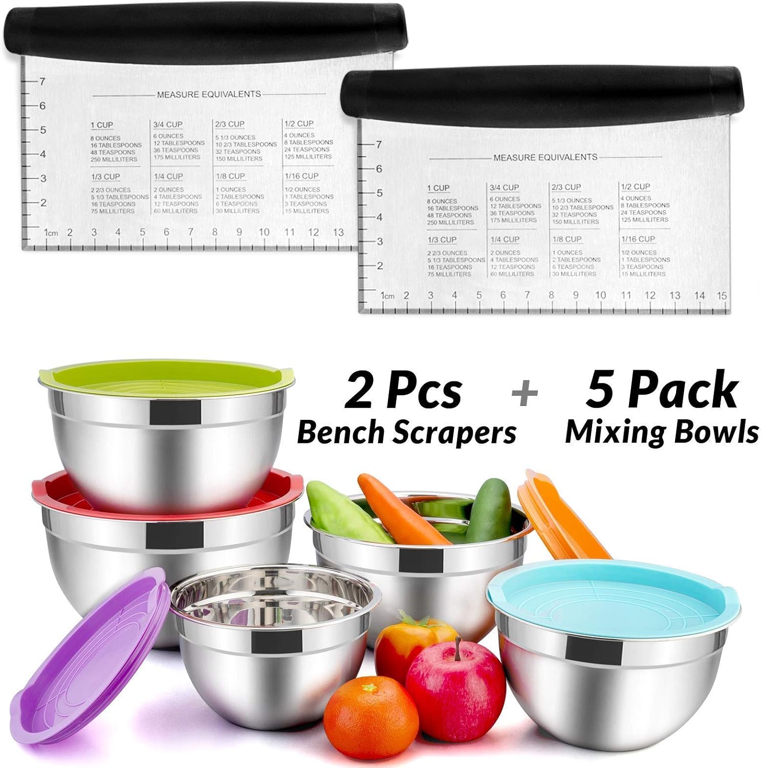 Efar Mixing Bowls with Bench Scraper Set, 5Pack Stainless