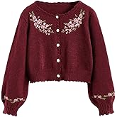 BEAUDRM Women's Floral Embroidery Cardigan Sweaters Button Down Long Sleeve Crew Neck Knitted Outerwear