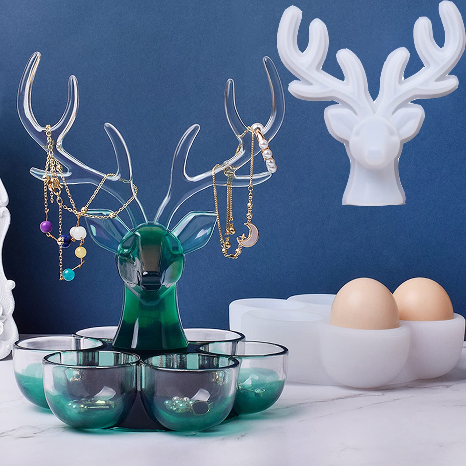 2 Pieces Silicone Jewelry Display Stand Epoxy Resin Mold, Crystal Deer Antler Earring Necklace Bracelet Holder Casting Mould, Egg Tray Trinket Organizer Making Molds Art Craft DIY Tool Home Decor