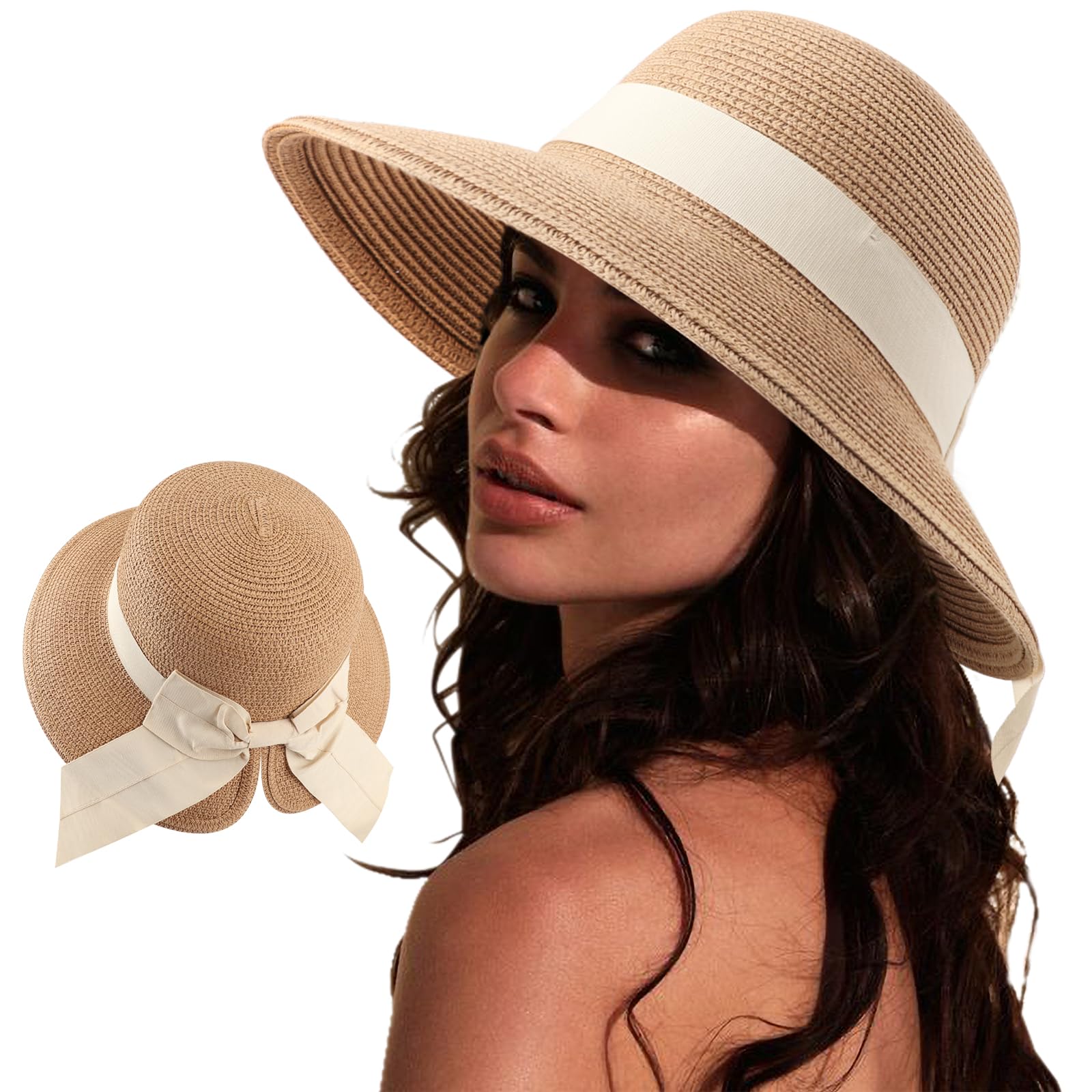 Photo 1 of DRESHOW Sun Hats for Women Travel Fedora Foldable Beach Sun Hat Summer Wide Brim Straw Bucket Hat with Bowknot UPF 50+
